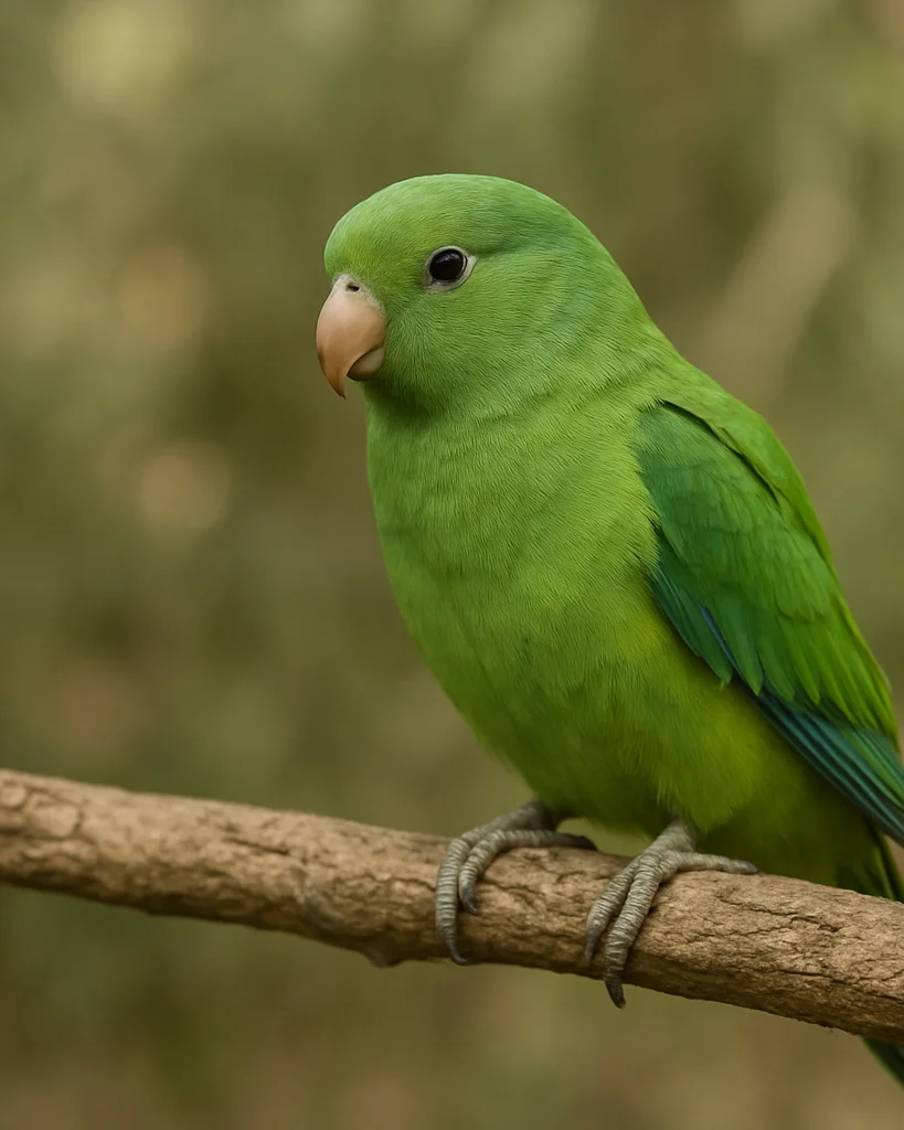 Naturalistic editorial photograph of a green-winged parrot perche