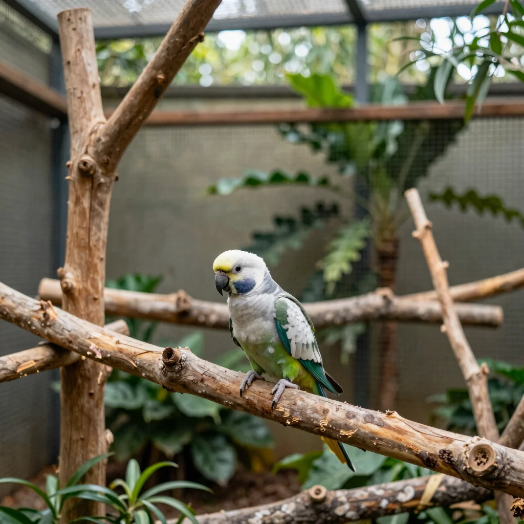 Wide environmental photograph of a parrot in a safe, enriched avi